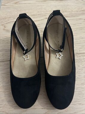 (3/$20) Kelly & Katie Black Suede Ankle-Strap Flats with Star Charm Accent